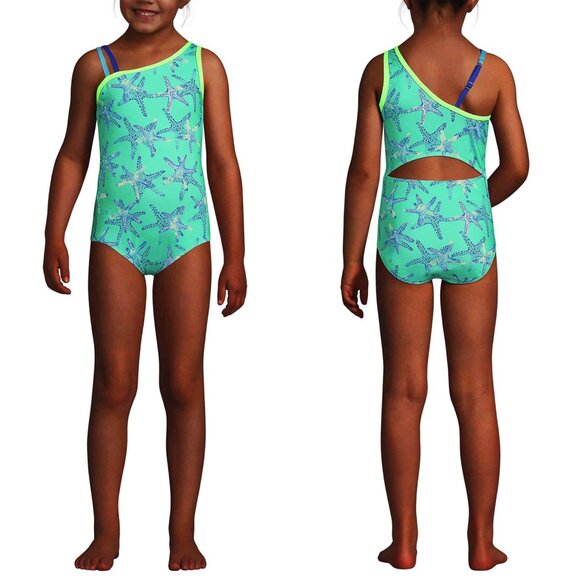 Lands' End | Blue Starfish One Shoulder One Piece Swimsuit | Size Large (10-12) - Picture 1 of 8